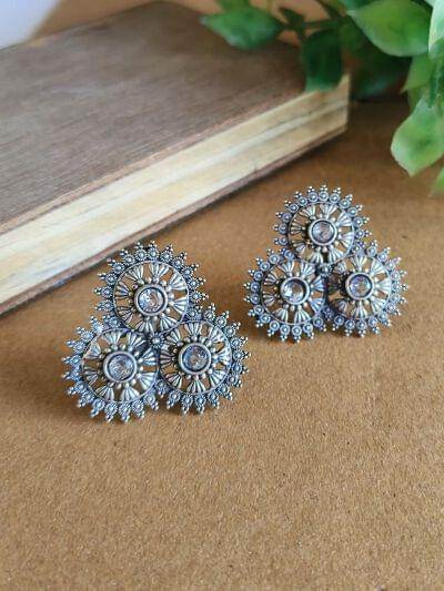 Oxidized Silver Plated Floral Stud Earrings