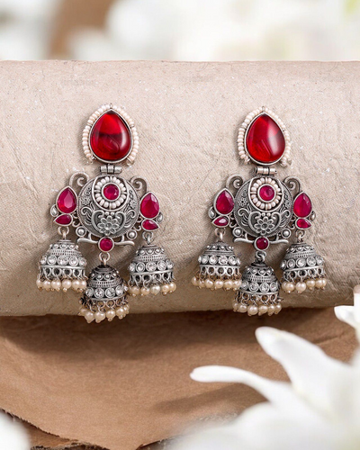 Oxidized Silver Plated Brass Earrings with Colorful Stone