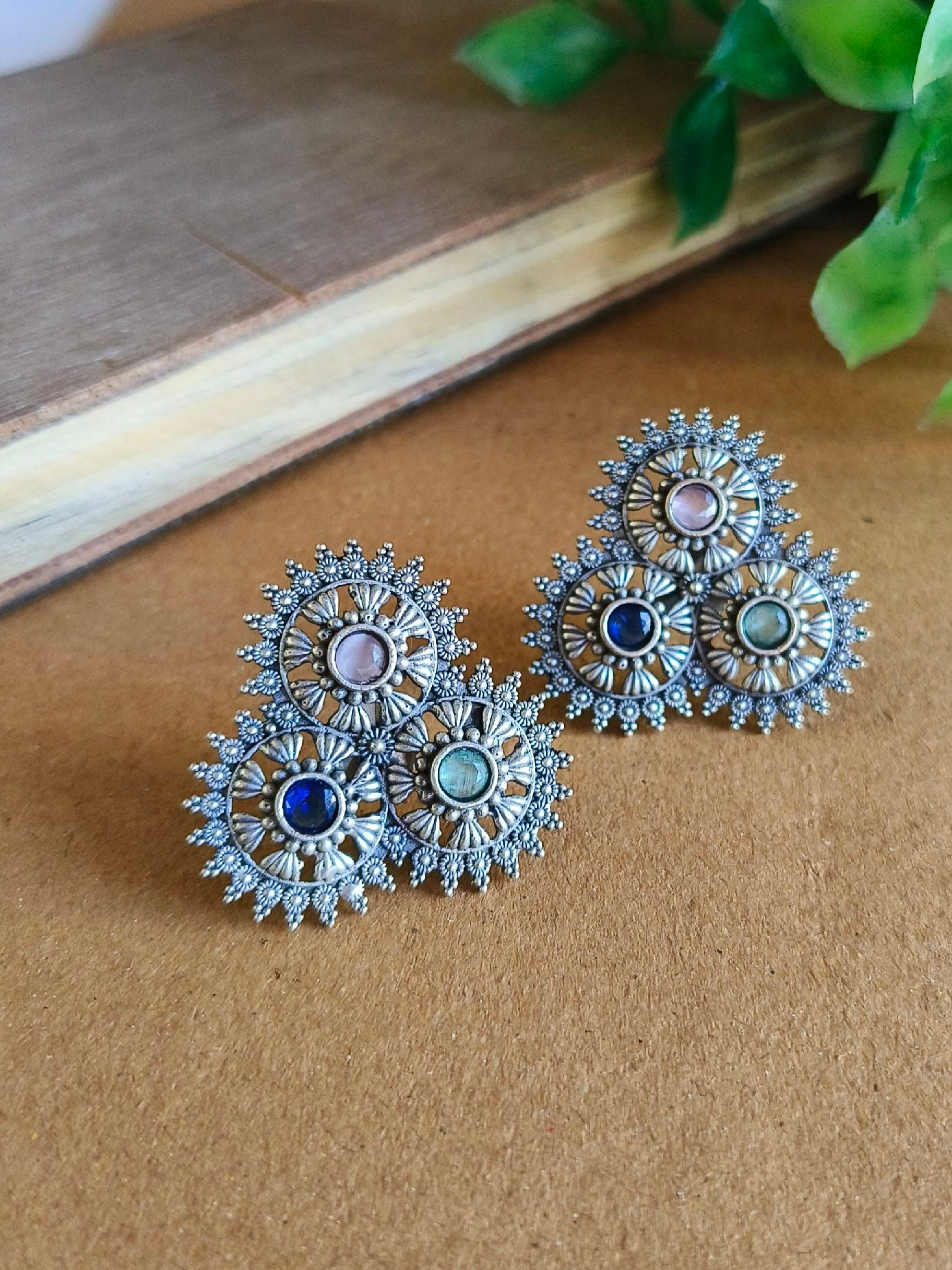 Oxidized Silver Plated Floral Stud Earrings