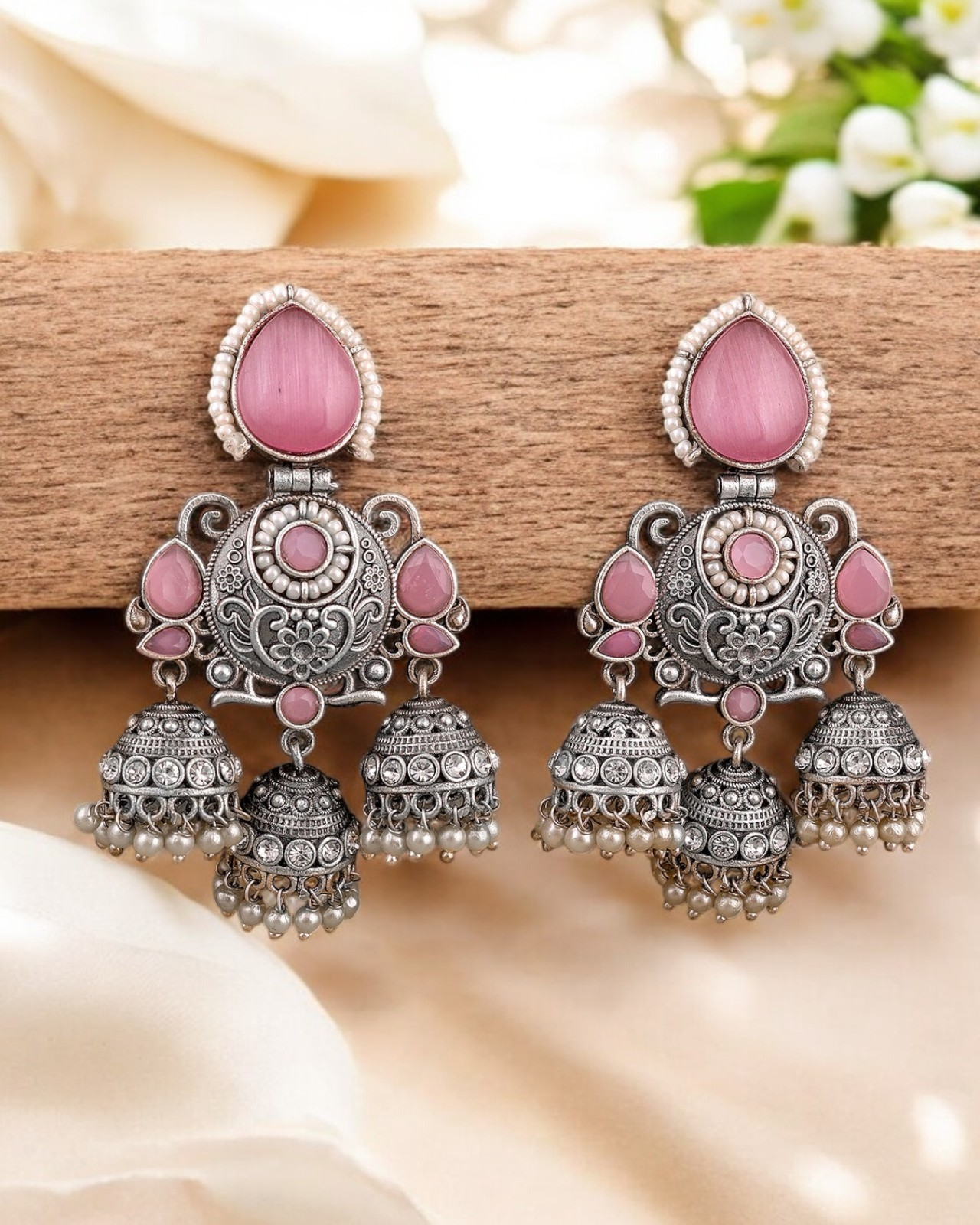 Oxidized Silver Plated Brass Earrings with Colorful Stone