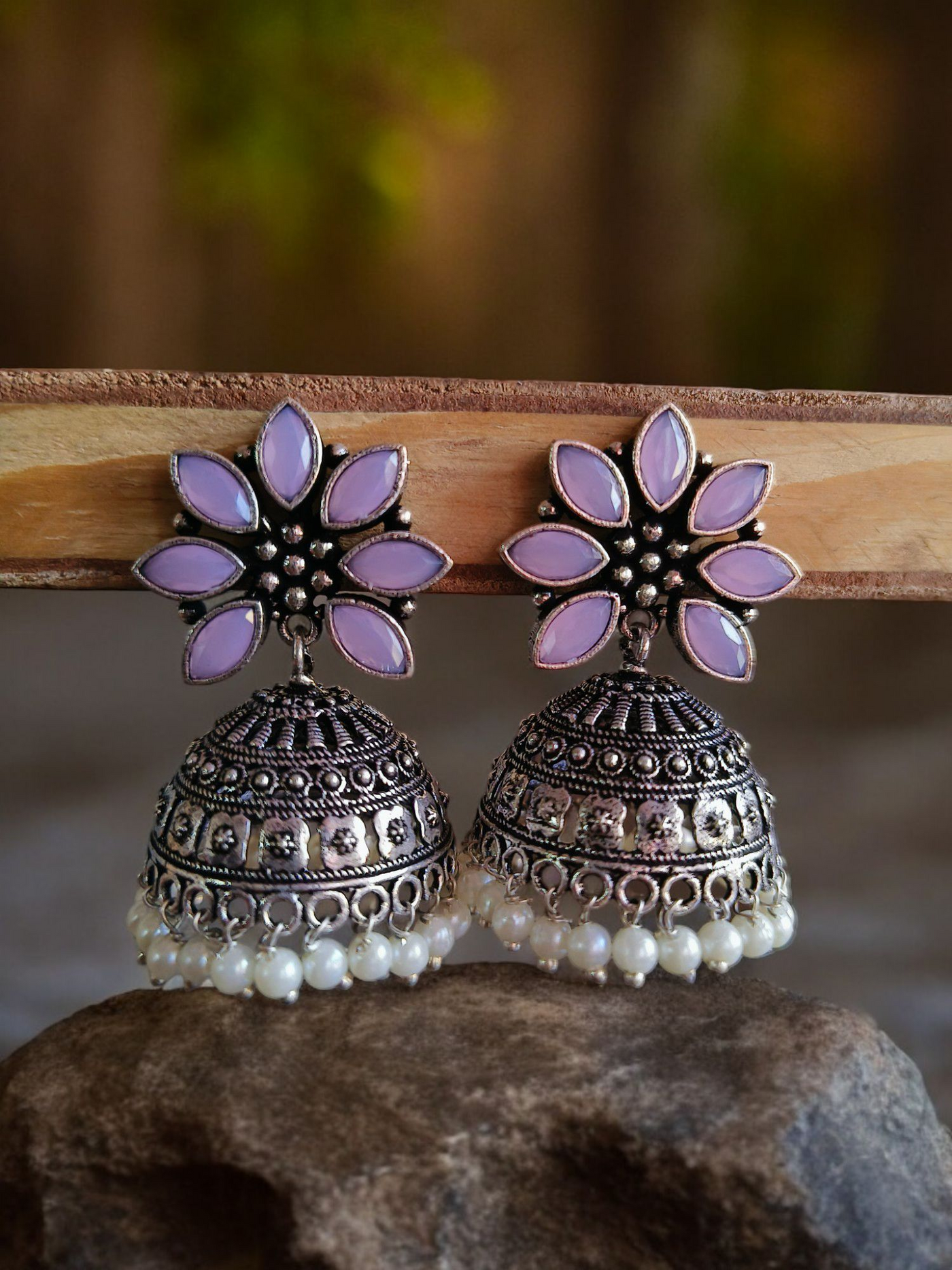 Oxidized Silver Plated Floral Dome Earrings