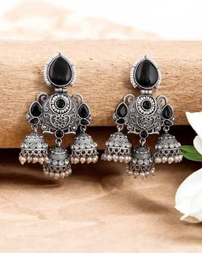 Oxidized Silver Plated Brass Earrings with Colorful Stone