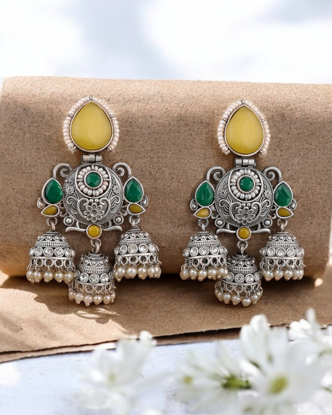Oxidized Silver Plated Brass Earrings with Colorful Stone