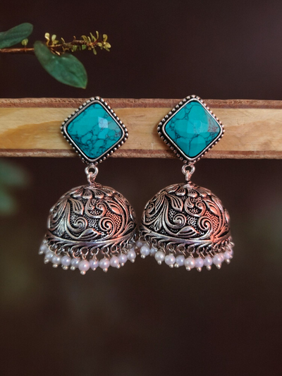 Oxidized Silver Plated Engraved Dome Jhumkas