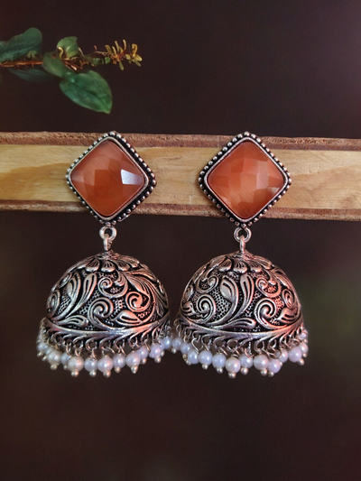 Oxidized Silver Plated Engraved Dome Jhumkas