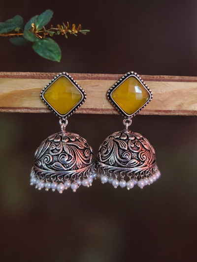 Oxidized Silver Plated Engraved Dome Jhumkas