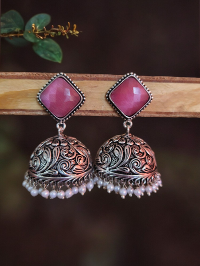 Oxidized Silver Plated Engraved Dome Jhumkas