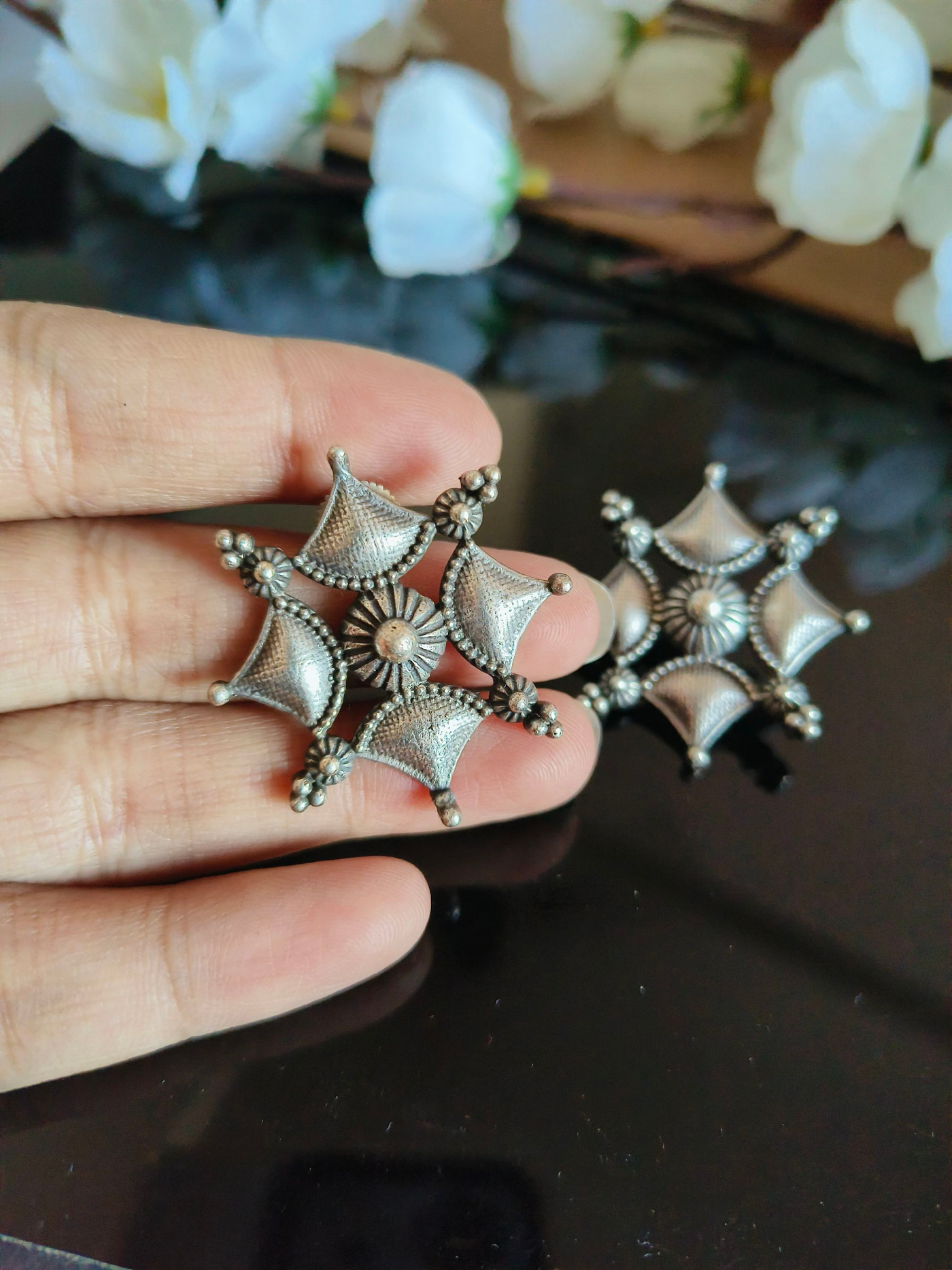 Antique Oxidized Silver Plated Brass Earrings with Intricate Design