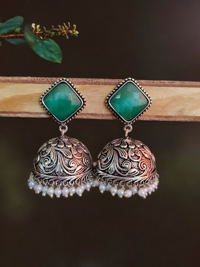 Oxidized Silver Plated Engraved Dome Jhumkas