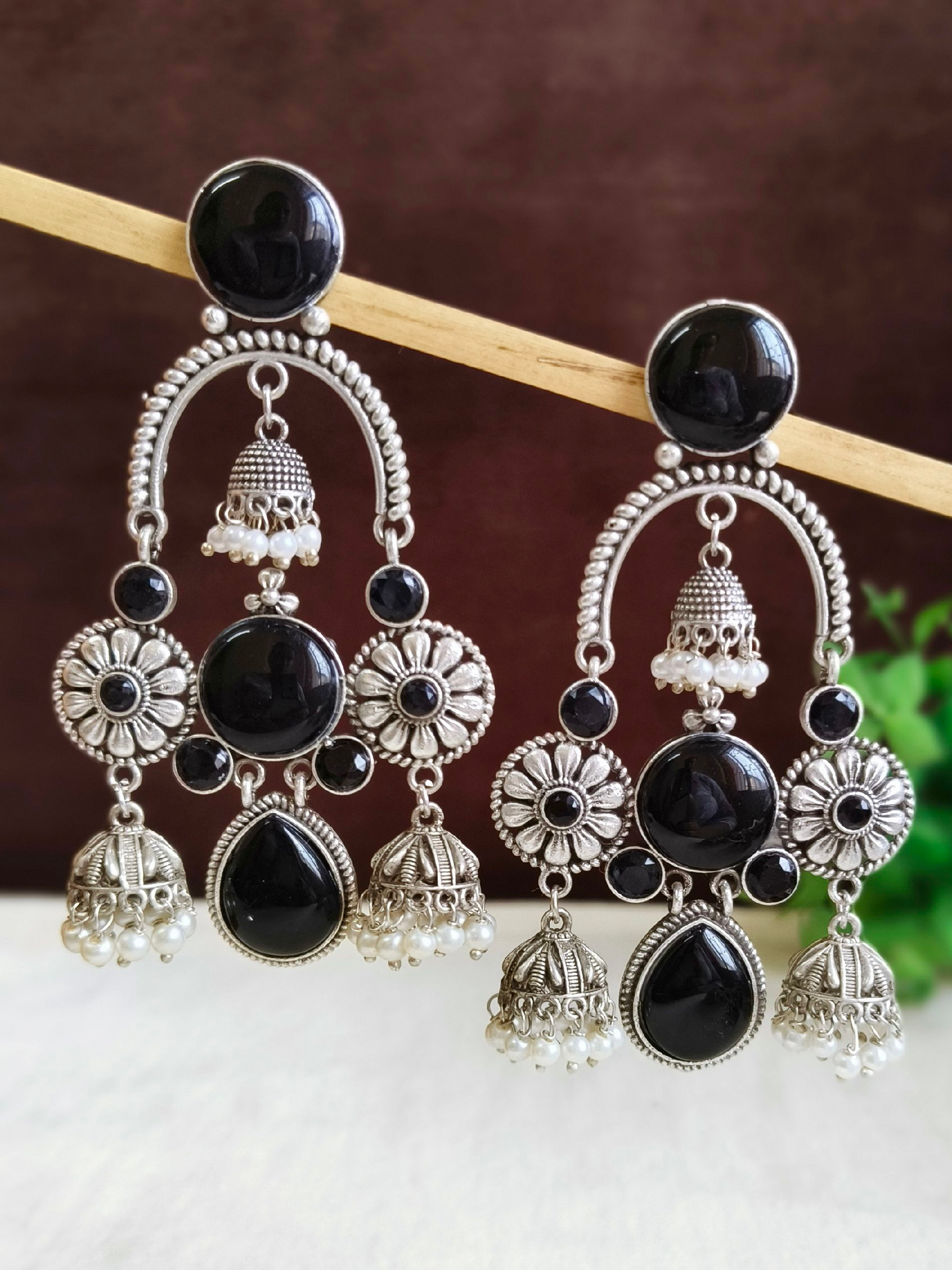 Antique Oxidized Silver Plated Brass Earrings with Jhumka Design