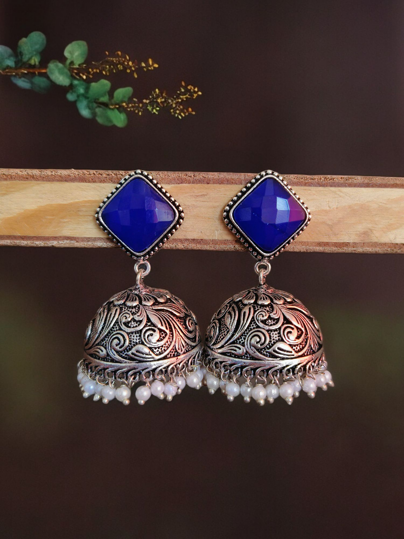 Oxidized Silver Plated Engraved Dome Jhumkas