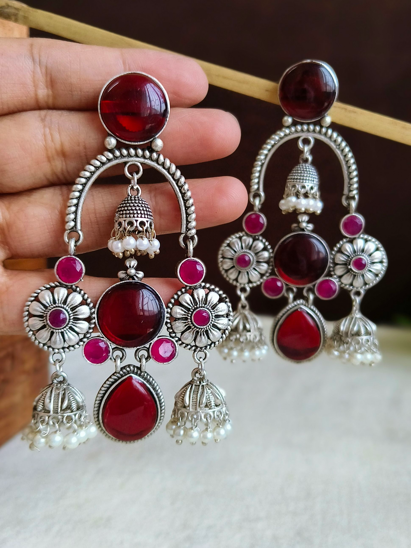 Antique Oxidized Silver Plated Brass Earrings with Jhumka Design