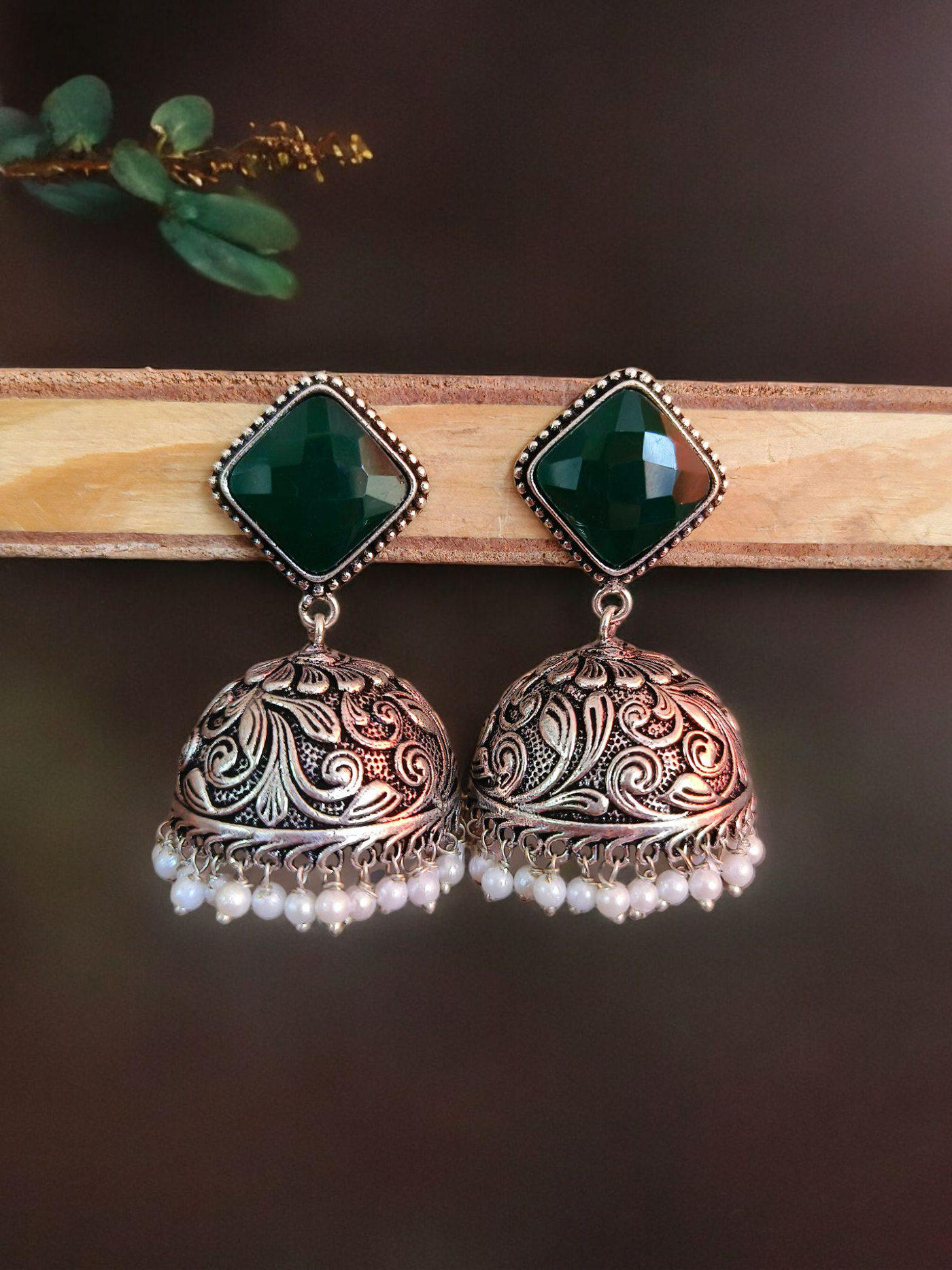 Oxidized Silver Plated Engraved Dome Jhumkas