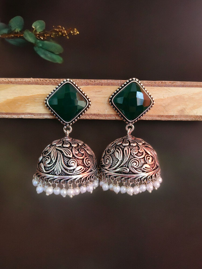 Oxidized Silver Plated Engraved Dome Jhumkas