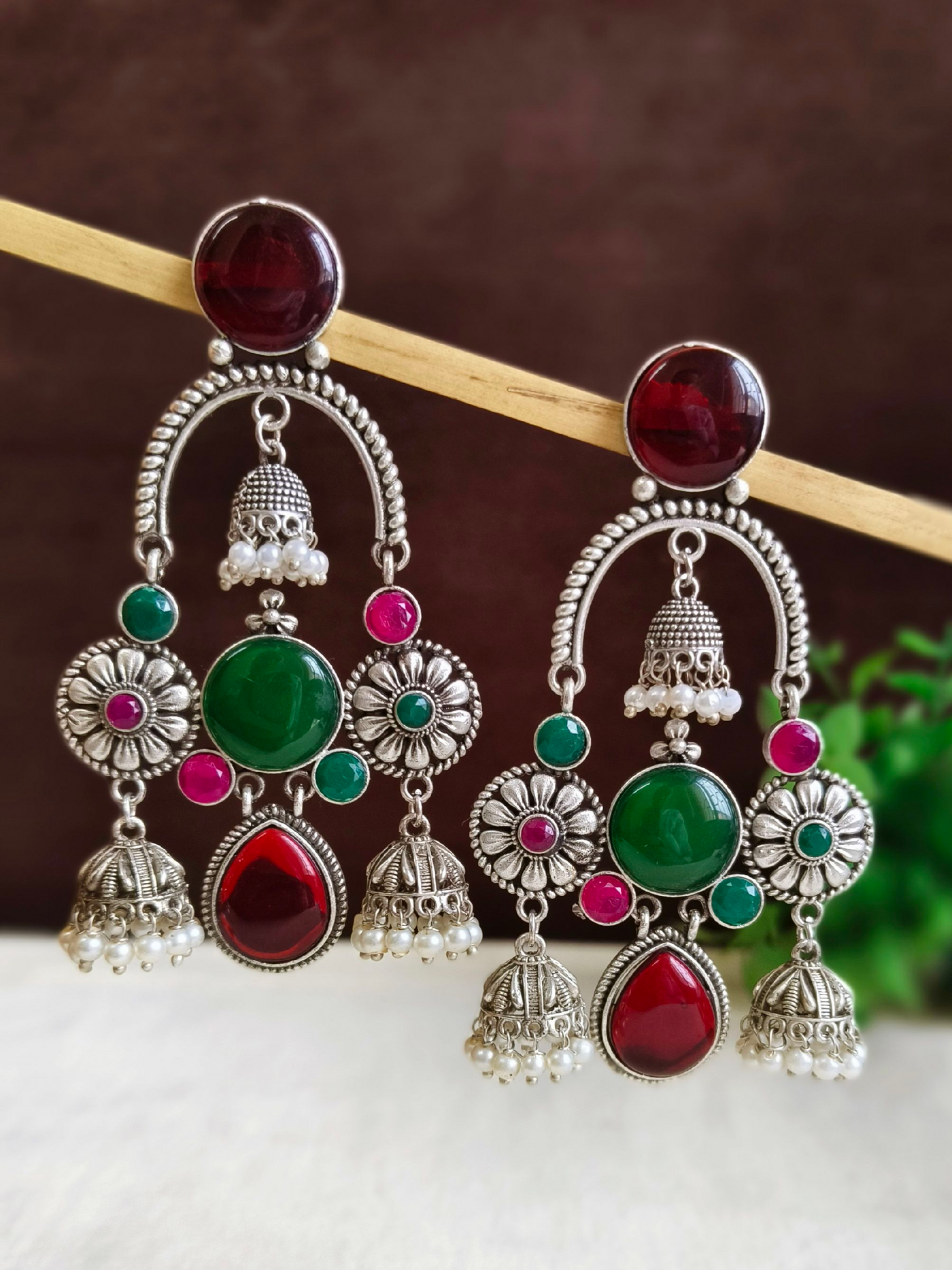 Antique Oxidized Silver Plated Brass Earrings with Jhumka Design