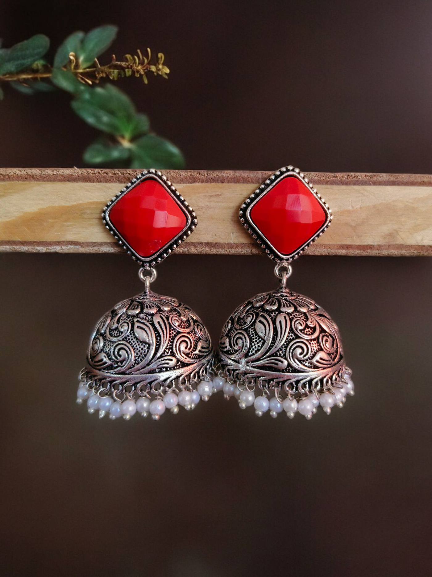 Oxidized Silver Plated Engraved Dome Jhumkas