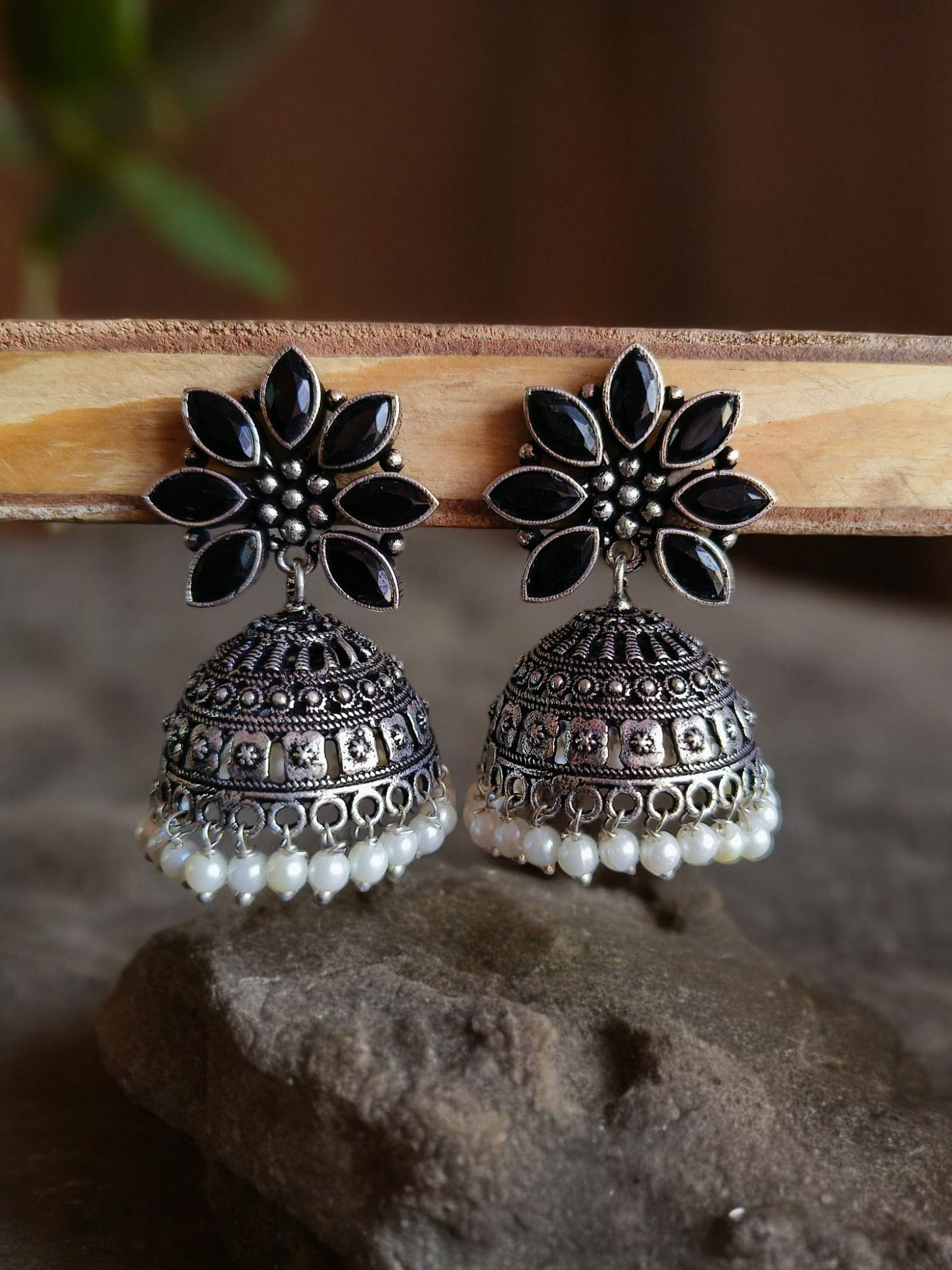 Oxidized Silver Plated Floral Dome Earrings