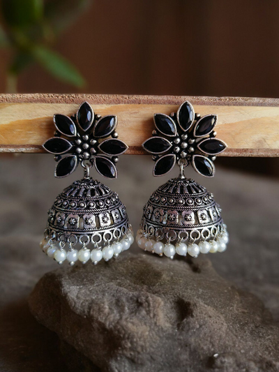 Oxidized Silver Plated Floral Dome Earrings