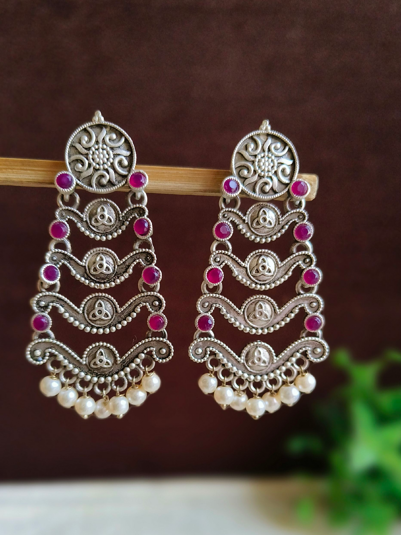 Antique Oxidized Silver Plated Brass Earrings with Pearl Detailing