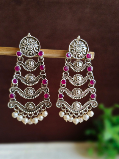 Antique Oxidized Silver Plated Brass Earrings with Pearl Detailing