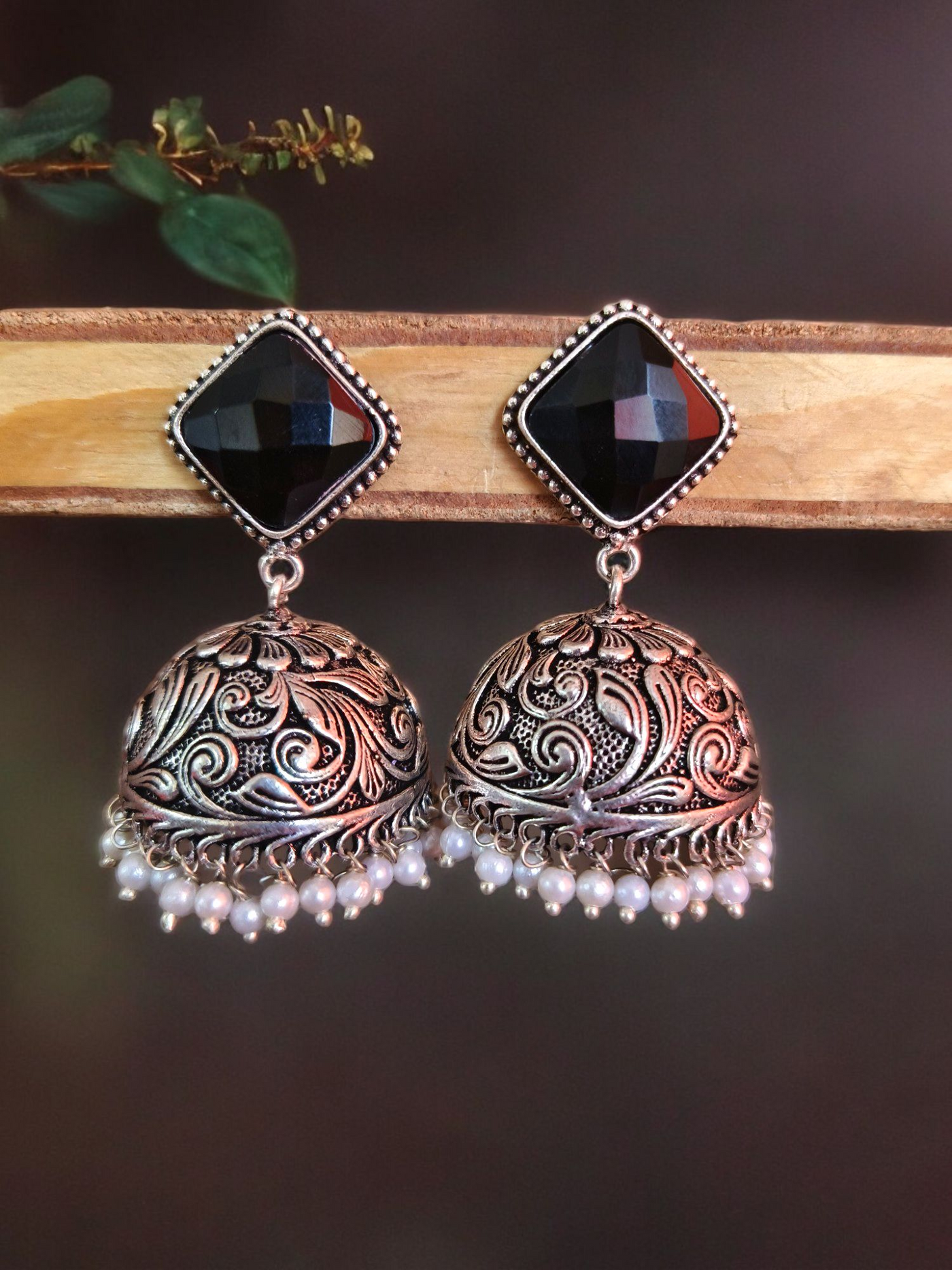 Oxidized Silver Plated Engraved Dome Jhumkas