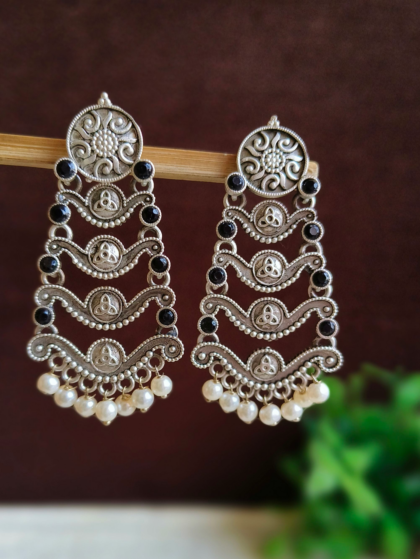 Antique Oxidized Silver Plated Brass Earrings with Pearl Detailing