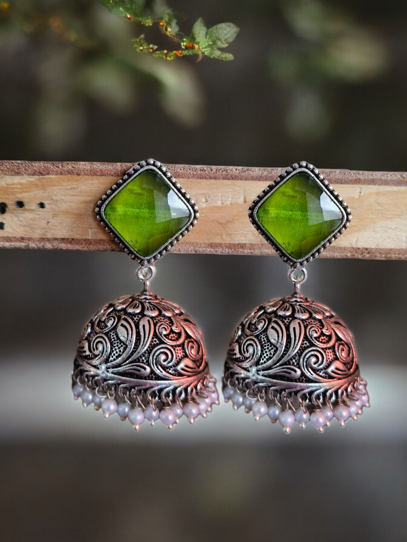 Oxidized Silver Plated Engraved Dome Jhumkas