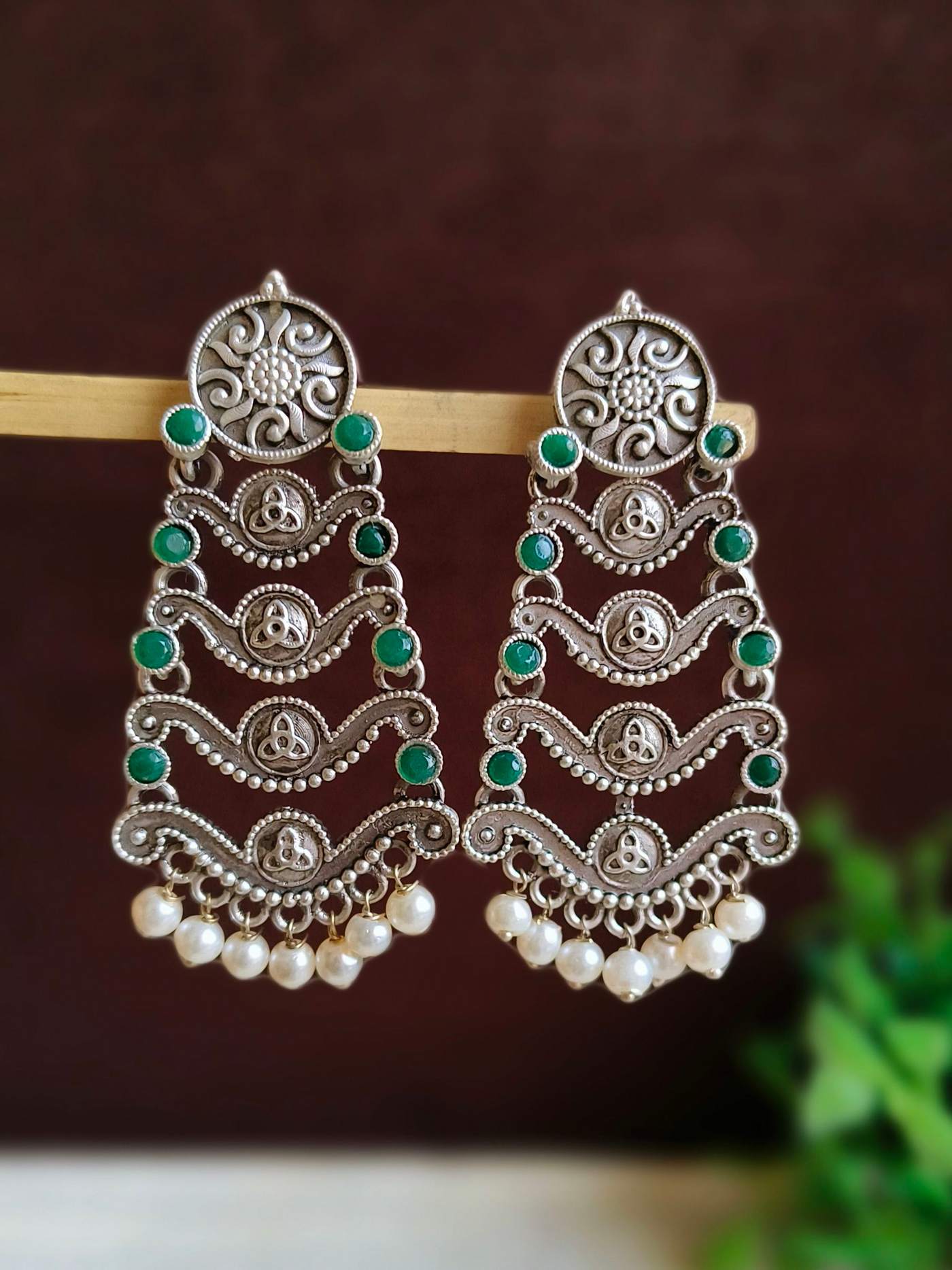 Antique Oxidized Silver Plated Brass Earrings with Pearl Detailing