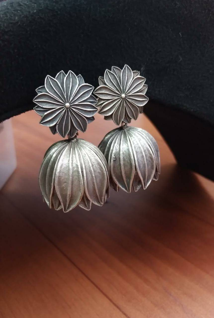 Oxidized Silver Plated Lotus Dome Earrings