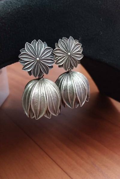 Oxidized Silver Plated Lotus Dome Earrings