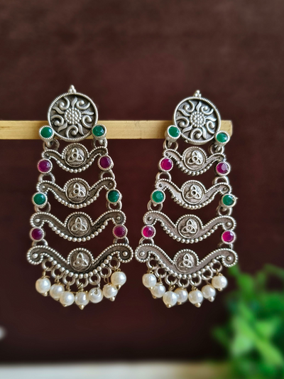 Antique Oxidized Silver Plated Brass Earrings with Pearl Detailing