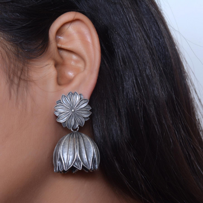 Oxidized Silver Plated Lotus Dome Earrings