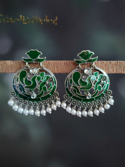 Oxidized Silver Plated Brass Earrings with Pearl