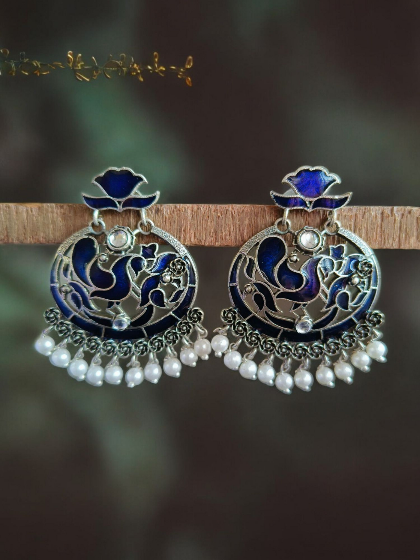 Oxidized Silver Plated Brass Earrings with Pearl