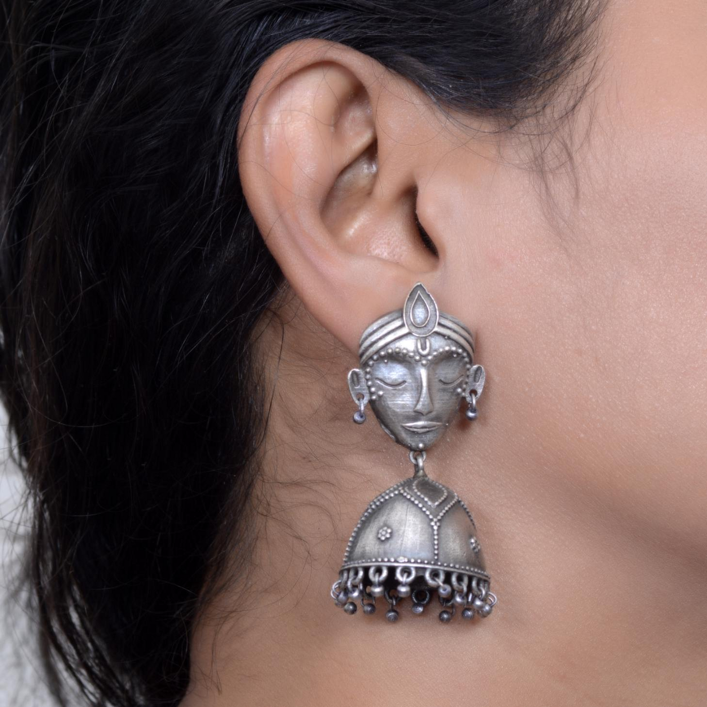 Oxidized Silver Plated Tribal Face Jhumkas