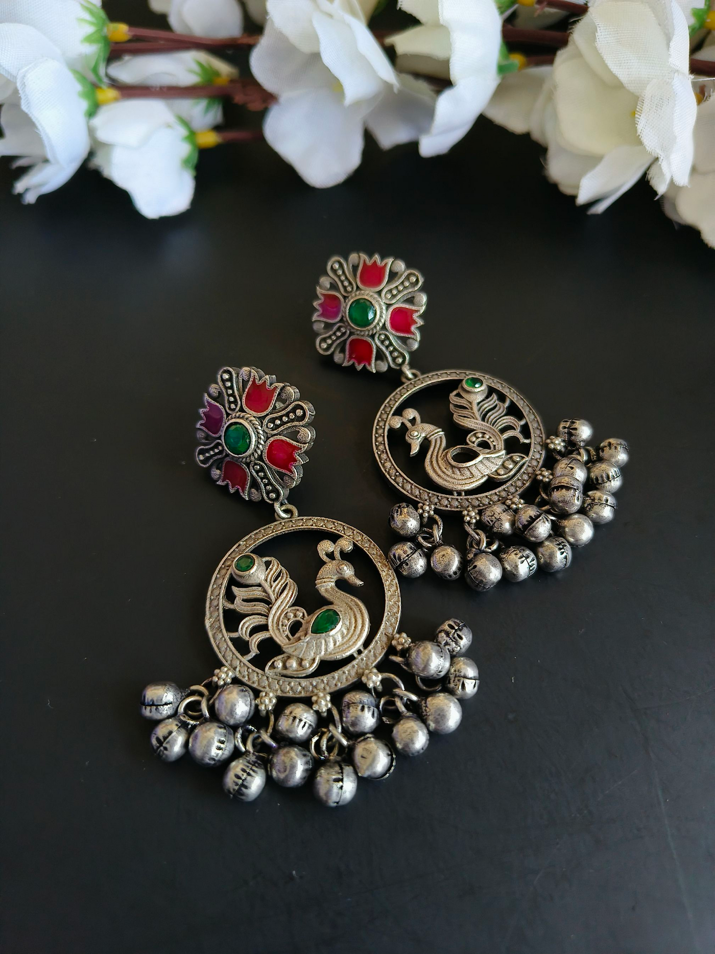 Antique Oxidized Silver Plated Brass Earrings with Peacock Design