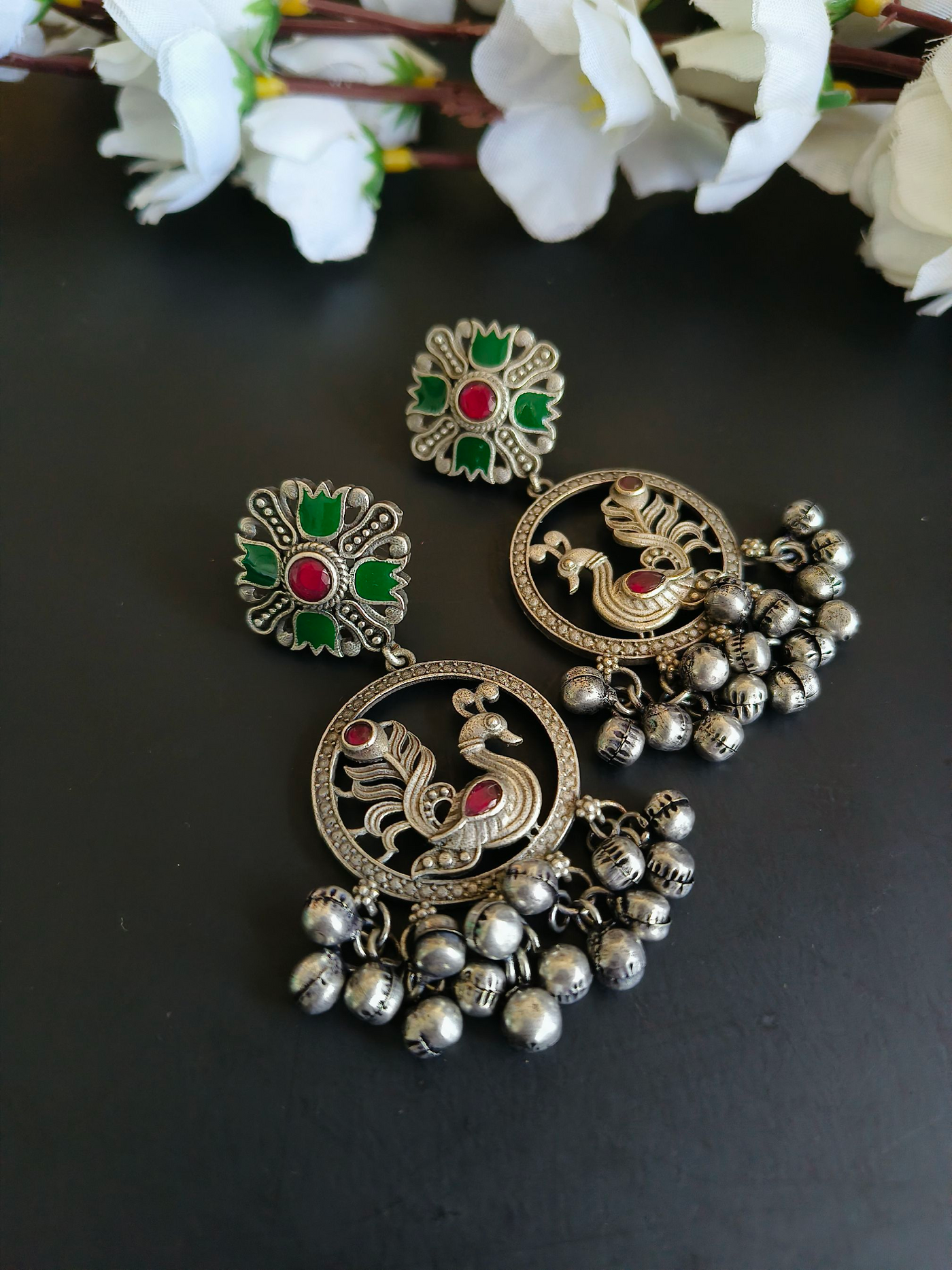 Antique Oxidized Silver Plated Brass Earrings with Peacock Design