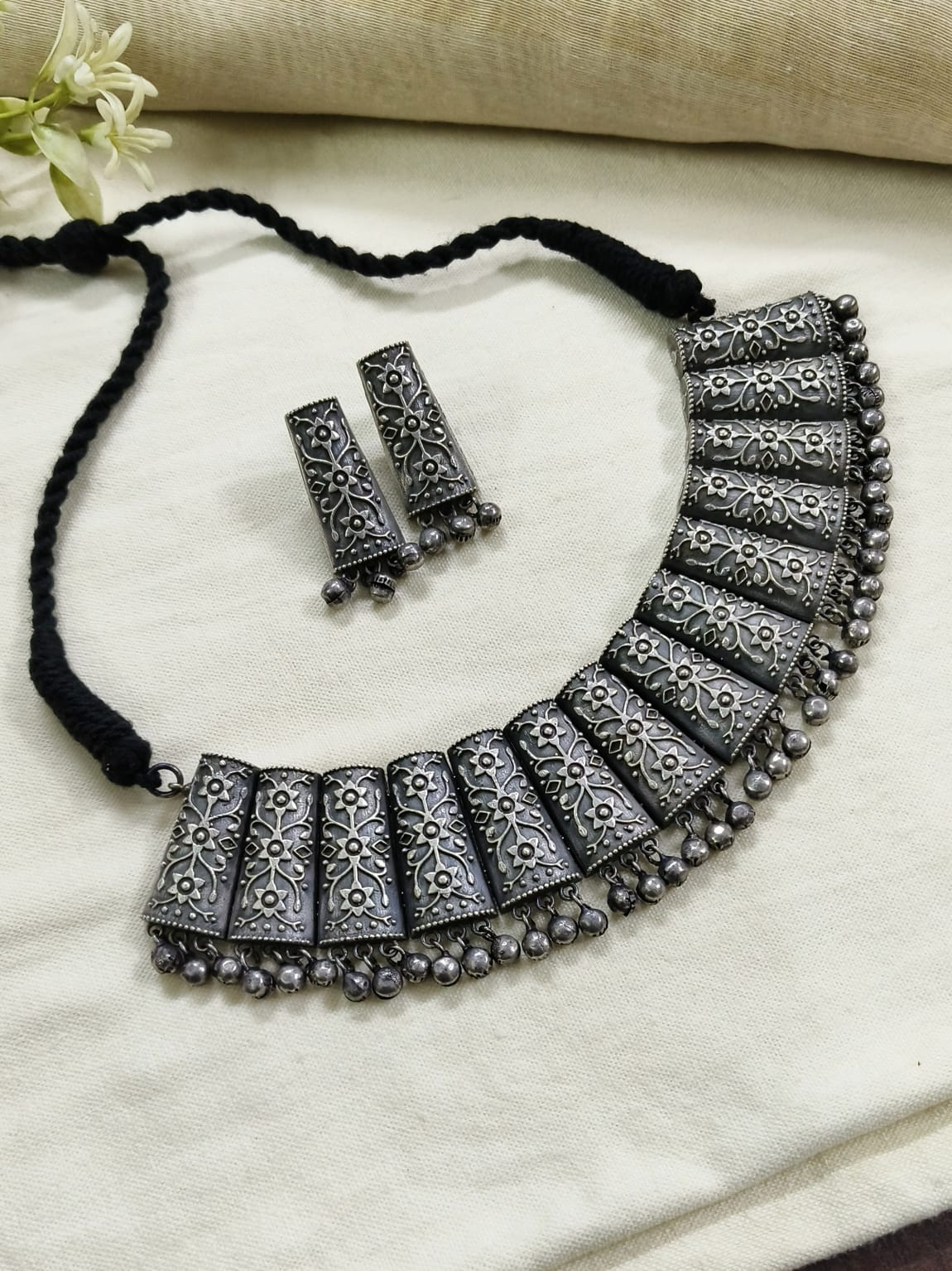 Antique Oxidized Silver Plated Brass Necklace and Earrings Set