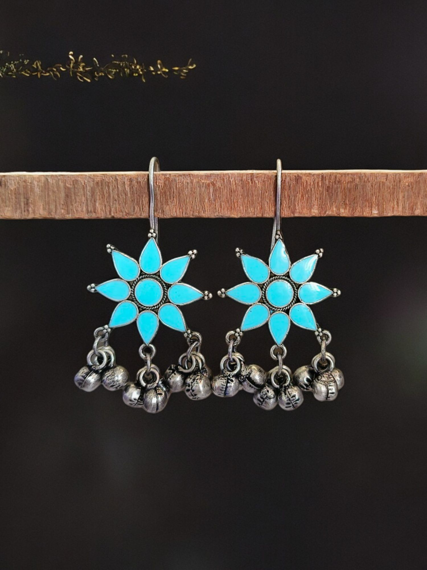 Antique Oxidized Silver Plated Brass Earrings with Flower Design