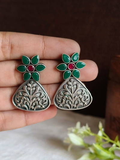 Oxidized Silver Plated Floral Leaf Earrings