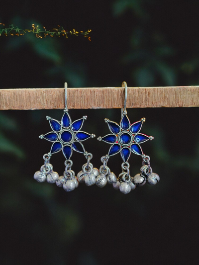 Antique Oxidized Silver Plated Brass Earrings with Flower Design
