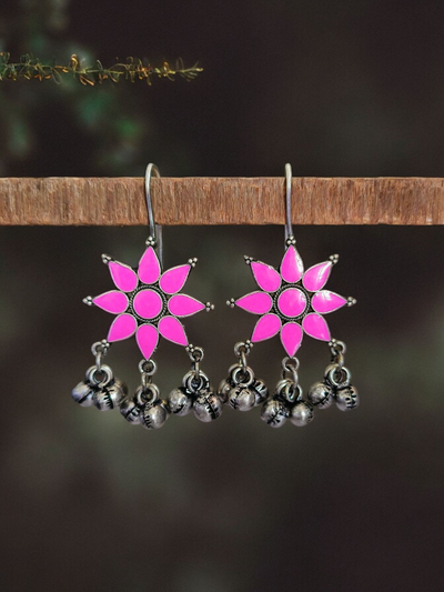 Antique Oxidized Silver Plated Brass Earrings with Flower Design