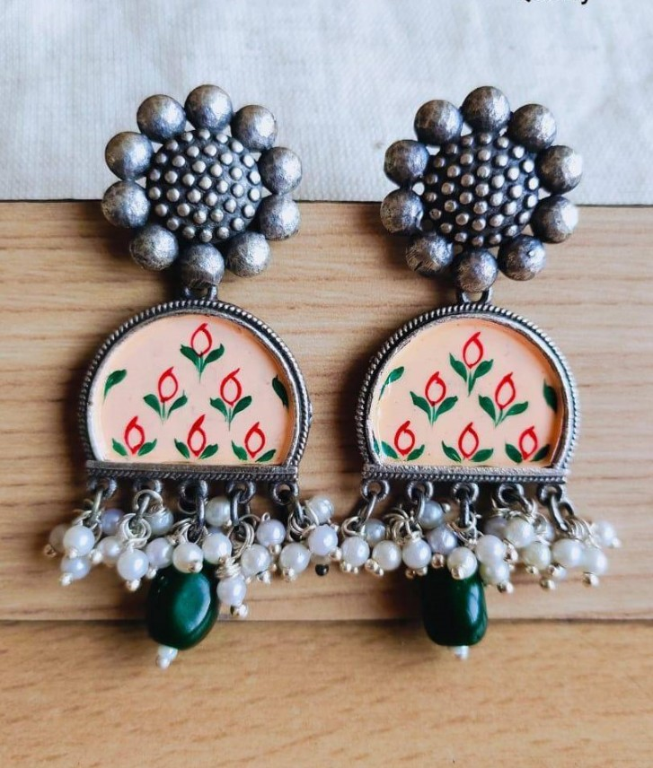 Hand-Painted Oxidized Silver Plated Brass Earrings