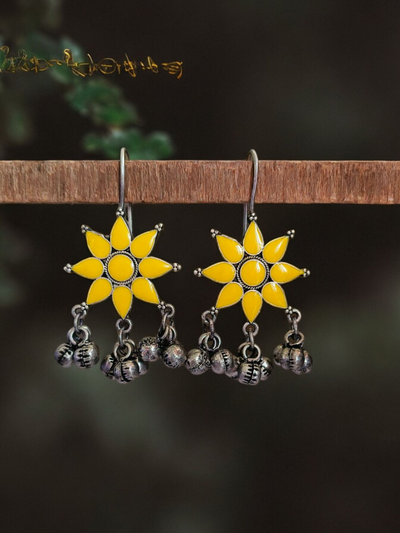 Antique Oxidized Silver Plated Brass Earrings with Flower Design