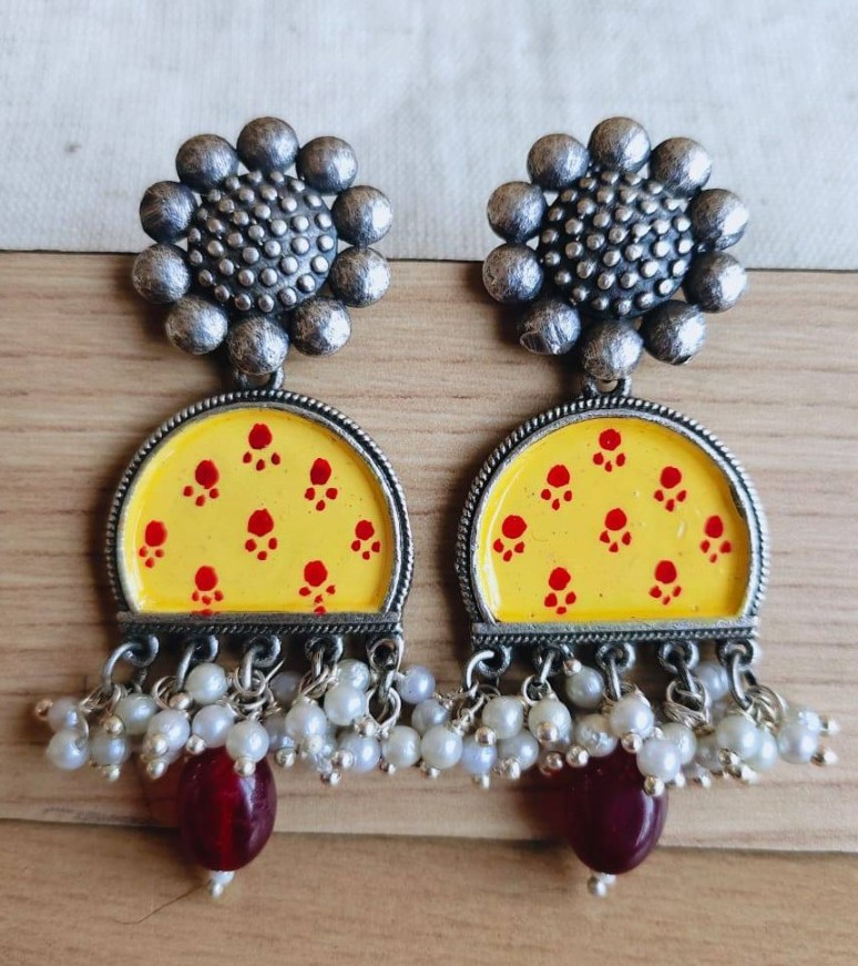 Hand-Painted Oxidized Silver Plated Brass Earrings