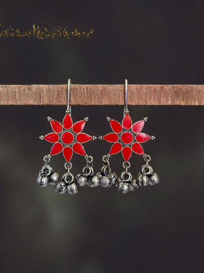 Antique Oxidized Silver Plated Brass Earrings with Flower Design