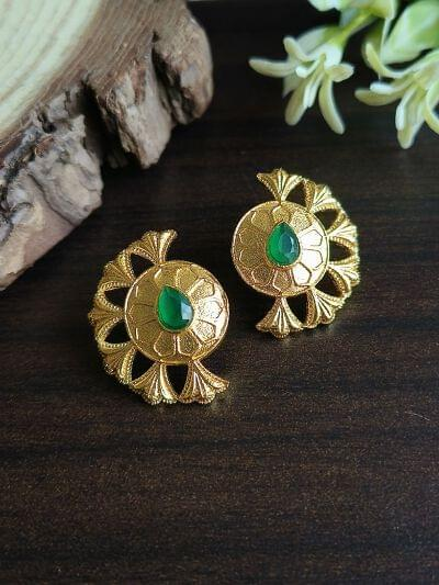 Elegant Gold-Plated Floral Studs with Green Stone Drop
