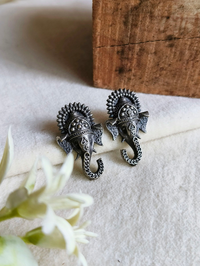 Oxidized Silver Plated Ganesha Stud Earrings