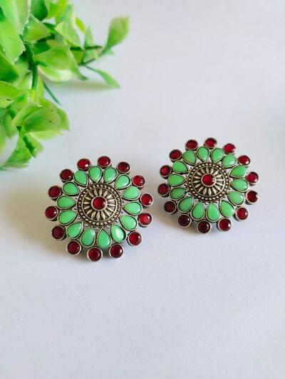 Vintage Oxidized Silver Green & Red Floral Stud Earrings
