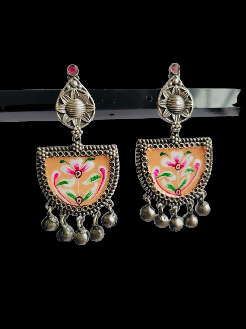 Antique Oxidized Silver Plated Brass Earrings with Jhumka Accents